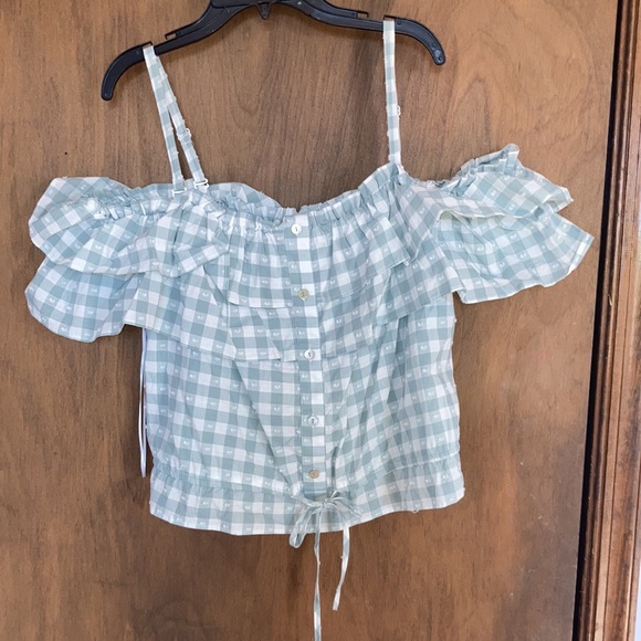 LC Lauren Conrad off the shoulder textured check w ruffle top - Picture 7 of 17